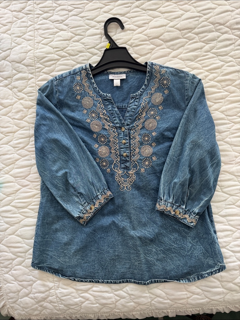 Dress Barn Denim Blue Embroidered V-Neck Tunic